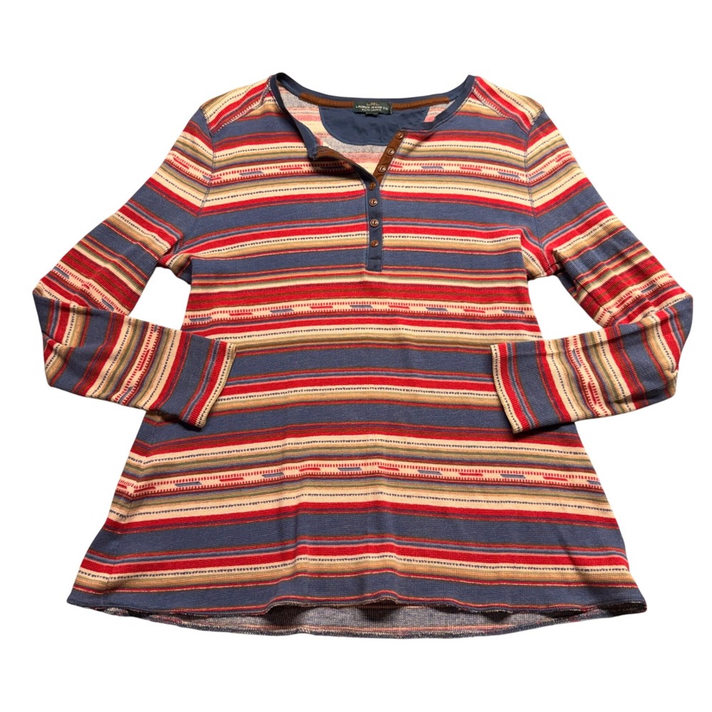 Lauren Ralph Lauren Waffle Knit Henley Top Southwestern Striped Blue Red Large